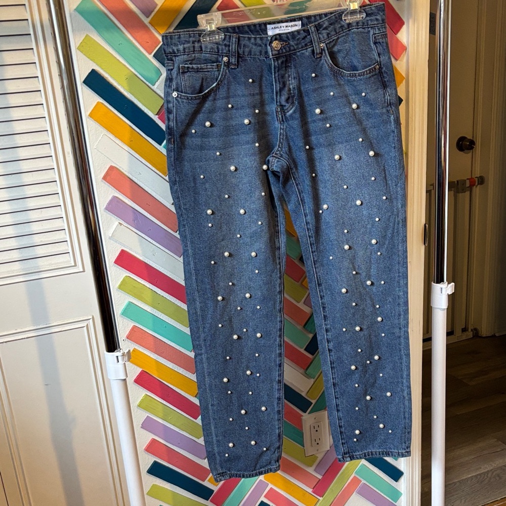 Ashley Mason Blue Pearl Studded Straight Leg Jeans